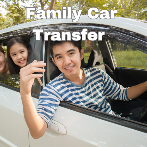 a family sitting in their new white car.